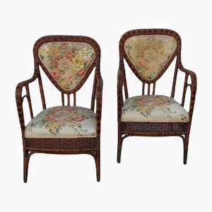 Wicker and Fabric Armchairs, Set of 2