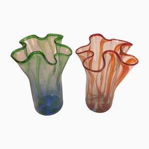 Vintage Art Glass Flower Vases in Green and Orange, Set of 2