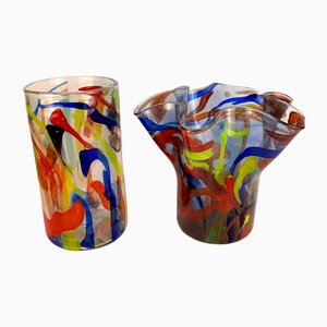 Vintage Multicolored Glass Flower Vases, Set of 2