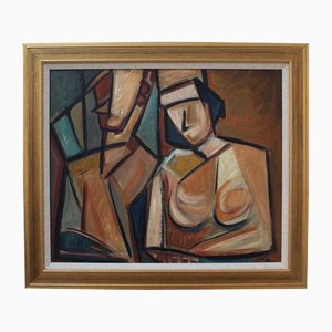 Cubist Couple, 1970s, Oil on Board, Framed