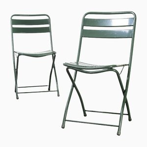 French Army Green Metal Folding Chairs, 1960s, Set of 2