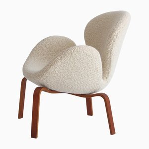 Sillón The Swan de teca y Bouclé blanco de Arne Jacobsen para Fritz Hansen, 1960