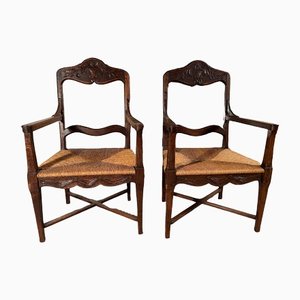 Antique French Provincial Carved Oak Elbow Dining Chairs, 1840s
