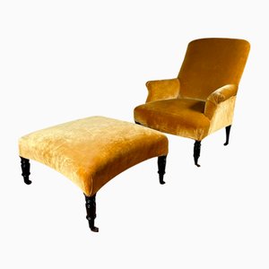 Antique French Napoleon III Golden Velvet Armchair with Oversize Footstool, 1850s