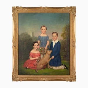 Alex Melville, Portrait de Famille avec Frères et Sœurs & Chien, 19ème Siècle, Huile sur Toile, Encadrée
