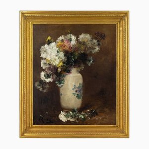 Alfred Rouby, Nature Morte aux Chrysanthèmes, 19ème Siècle, Huile sur Toile, Encadrée