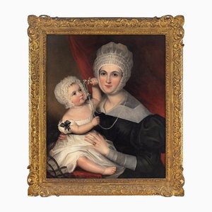 Portrait d'une Dame et d'un Enfant, Angleterre, 19ème Siècle, Huile sur Toile, Encadrée