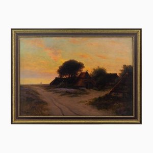 German School, Coastal Landscape with Beach & Sunset, 1930s, Oil on Canvas, Framed