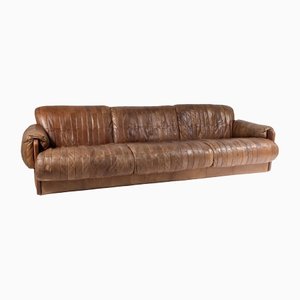 Mid-Century Scandinavian Brown Leather Patchwork 3-Seat Sofa, 1970s