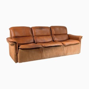 Sofá de tres plazas DS12 de cuero marrón coñac y gamuza, años 70
