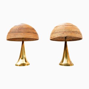 Modern Italian Brass and Bamboo Table Lamp, Set of 2