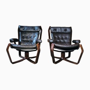 Vintage Scandinavian Coco Leather Viking Chair Set, 1970s