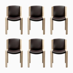 Chairs 300 Wood and Sørensen Leather by Joe Colombo for Hille, Set of 6
