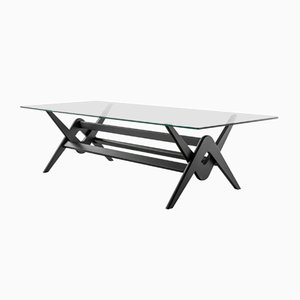 056 Capitol Complex Table Black Stained Wood and Glass by Pierre Jeanneret for Cassina