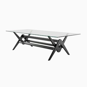 056 Capitol Complex Table Black Stained Wood and Glass by Pierre Jeanneret for Cassina