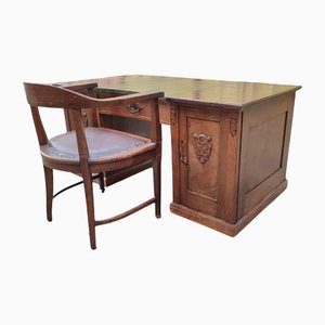 Early 20th-Century German Oak & Leather Pedestal Desk with Captains Chair