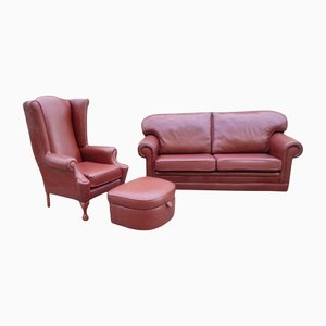 Vintage Leather Sofa, Queen Anne Chair & Pouf, Set of 3