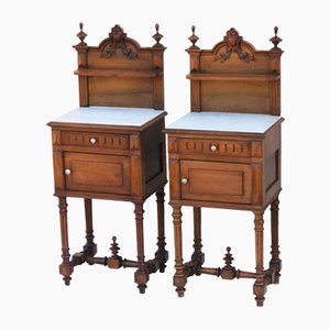 Antique French Walnut and Marble Nightstands or Bedside Cabinets, 1890s, Set of 2