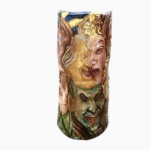 Handbemalte Vintage Vase mit Gesichtern im Stil von Tullio Di Albisola, Italien