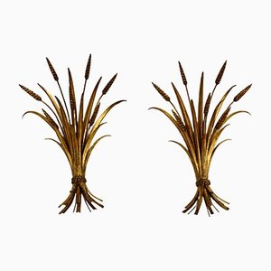 Hollywood Regency Style Golden Plated Sheaf of Wheat Wall Lights, 1970s, Set of 2