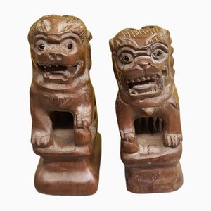 Miniature Old Wooden Asian Temple Lions, Mid 20th Century, Set of 2