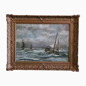 Boats at Sea, the Netherlands, 1948, Oil on Canvas, Framed