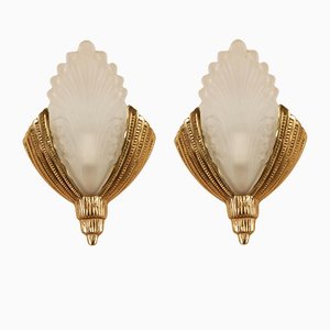 Art Deco Wall Sconces with Bronze and Frosted Glass Lampshades, 1930s, Set of 2