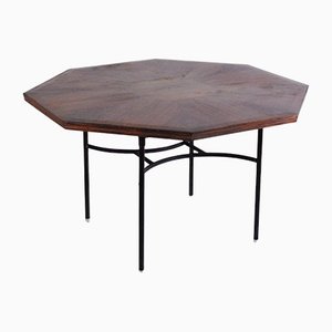 Tavolo esagonale in legno intarsiato con base tubolare in metallo, anni '60