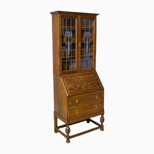 Early 20th Century Oak Bureau Bookcase with Stained Windows