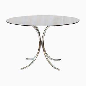 Chromed Dining Table with Smoke Glass Plate in the Style of Giotto Stoppino