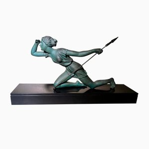 Statuette Diane Chasseresse Art Nouveau en Bronze avec Socle en Marbre
