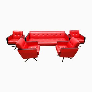 Vintage Red and Black Leather and Chrome Living Room Set, 1960s, Set of 5