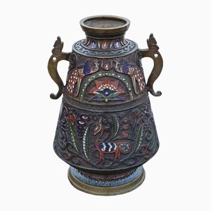 Large Antique Japanese Bronze Champleve Enamel Vase, 1900s