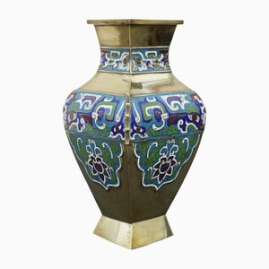 Large Antique Chinese Brass Bronze Champleve Enamel Vase, 1920s