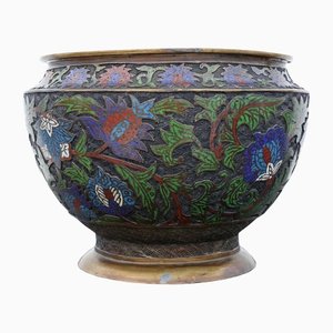 Large Antique Japanese Meiji Period Bronze Champleve Enamel Jardiniere Planter Bowl, 1910s