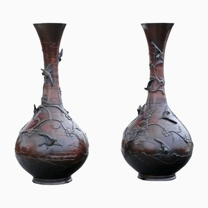 Large Antique Japanese 19th Century Meiji Period Bronze Vases, Set of 2