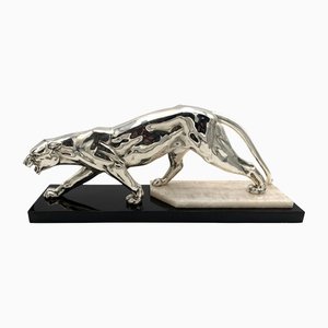 Walking Panther Sculpture in Silver & Marble, France, 1930s
