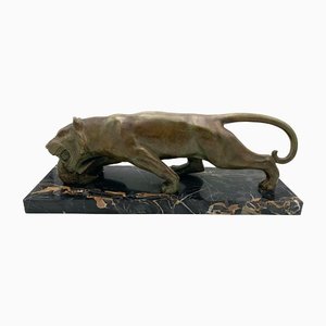 Art Deco Panther Skulptur von Emile Grégoire, Bronze, Marmor, Frankreich ca. 1930