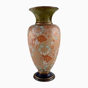 Grand Vase avec Fleurs Peintes à la Main et Poterie Dorée de Doulton Lambeth
