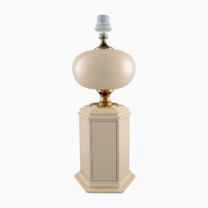 Large Cream Lacquered Metal & Brass Table Lamp from Le Dauphin, France, 1970s