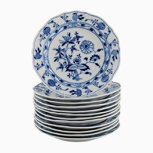 Antique Blue Hand-Painted Porcelain Onion Lunch Plates from Meissen, Set of 12