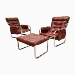 Mid-Century Patchwork Leather Sling Lounge Chair, 1970s, Set of 2
