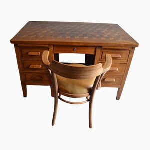 Antique Art Deco Oak Writing Table & Chair, Set of 2