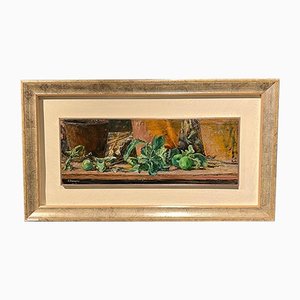 Enzo Faraoni, Green Apples on the Table, 1970, Oil on Wood, Framed
