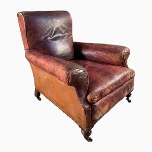Antique Leather Library Fireside Armchair, 1840