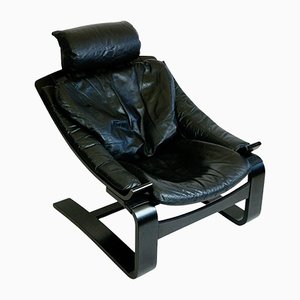 Scandinavian Black Leather Kroken Lounge Chair by Ake Fribytter for Nelo Sweden