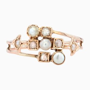 19th Century French Natural Pearl Diamonds 18 Karat Rose Gold Ring