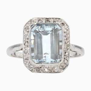 French Art Deco Aquamarine Diamonds 18 Karat White Gold Ring, 1930s
