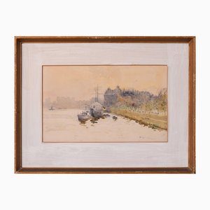 Impressionist Temple Pier London, 1910s, Watercolour on Canvas, Framed