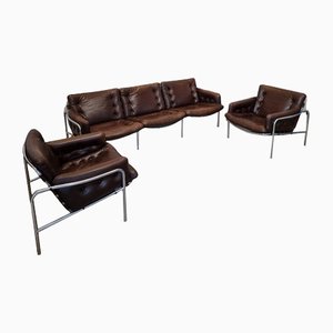 Vintage Brown Leather Osaka Sofa Set by Martin Visser for 't Spectrum, 1960, Set of 3